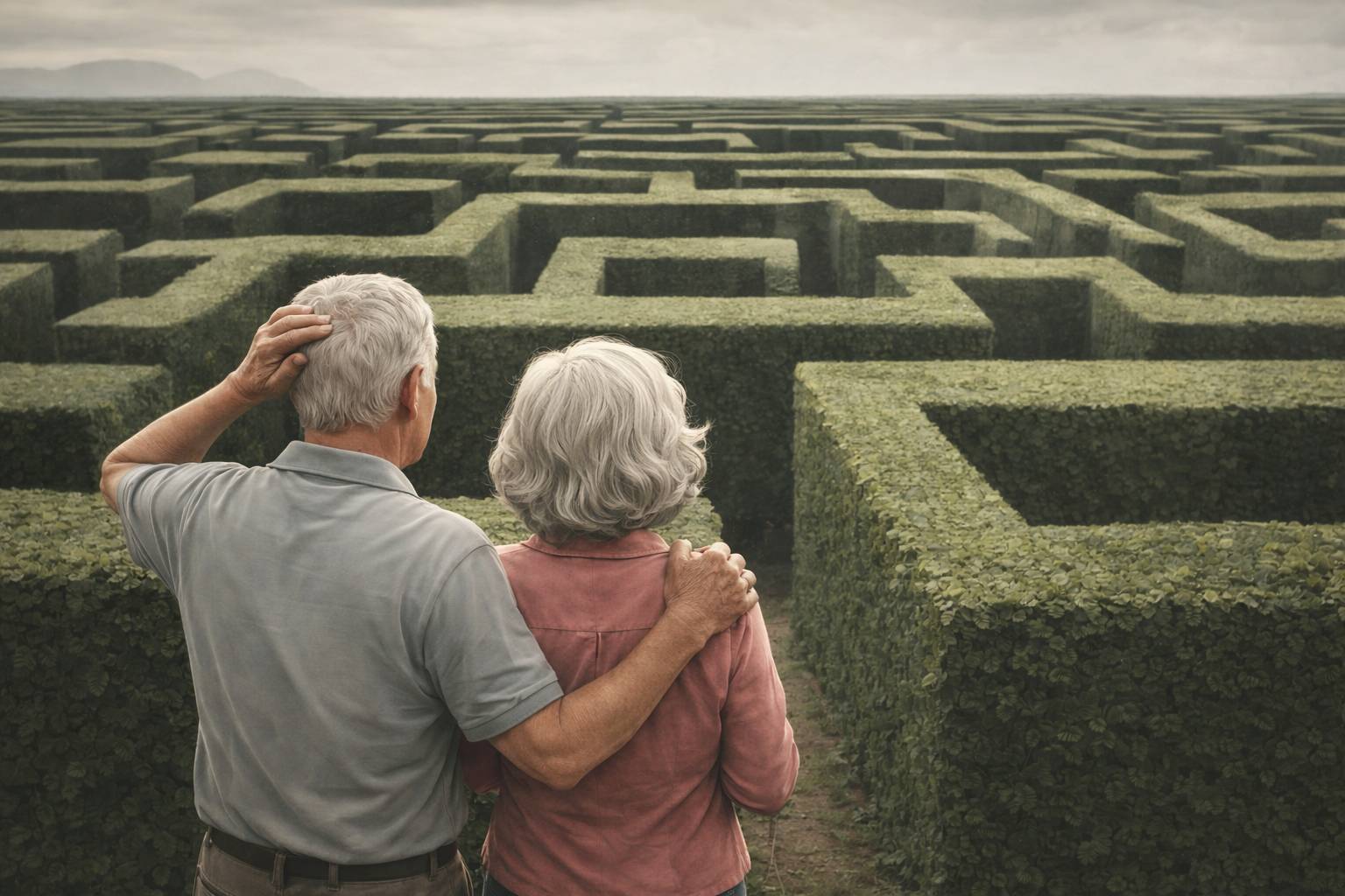 Two seniors in a maze